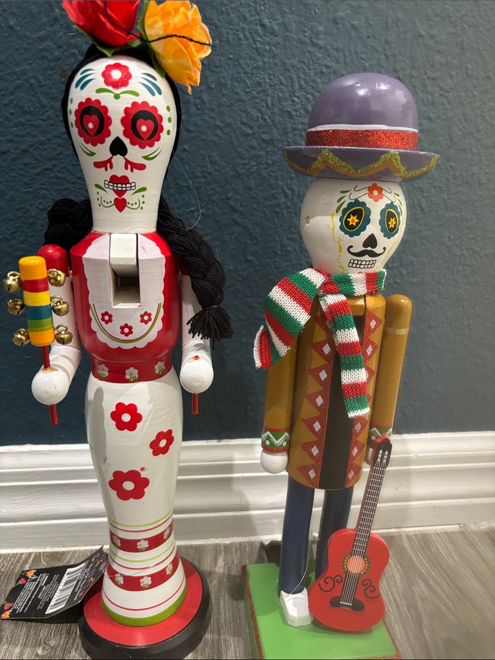 Day of the Dead Wooden Nutcracker Pair - Colorful Floral & Festive Skeletons